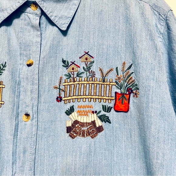 Vintage Denim Button Down Shirt Womens Embroidered Novelty Cottagecore Plus 1X - Picture 6 of 7